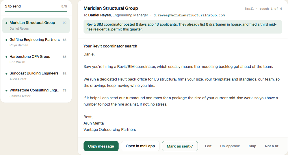 The portal's action queue: five target firms ranked by fit on the left, the finished email to the selected firm on the right, with approve and send controls.